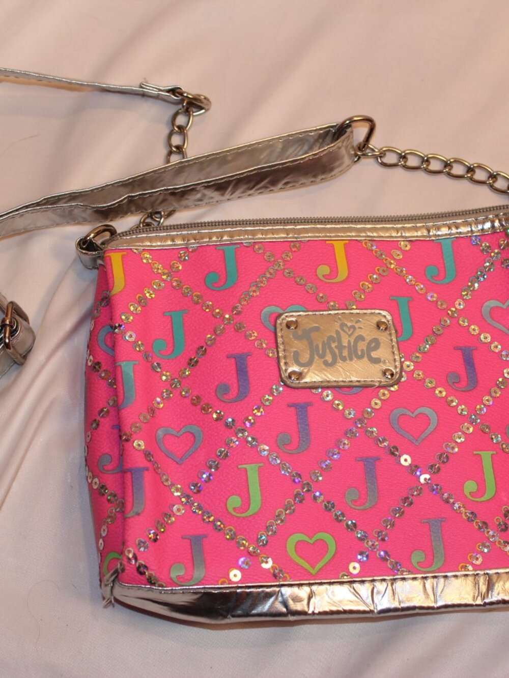 Justice Pink Sequin 'J' Print Crossbody Bag with Metallic Strap